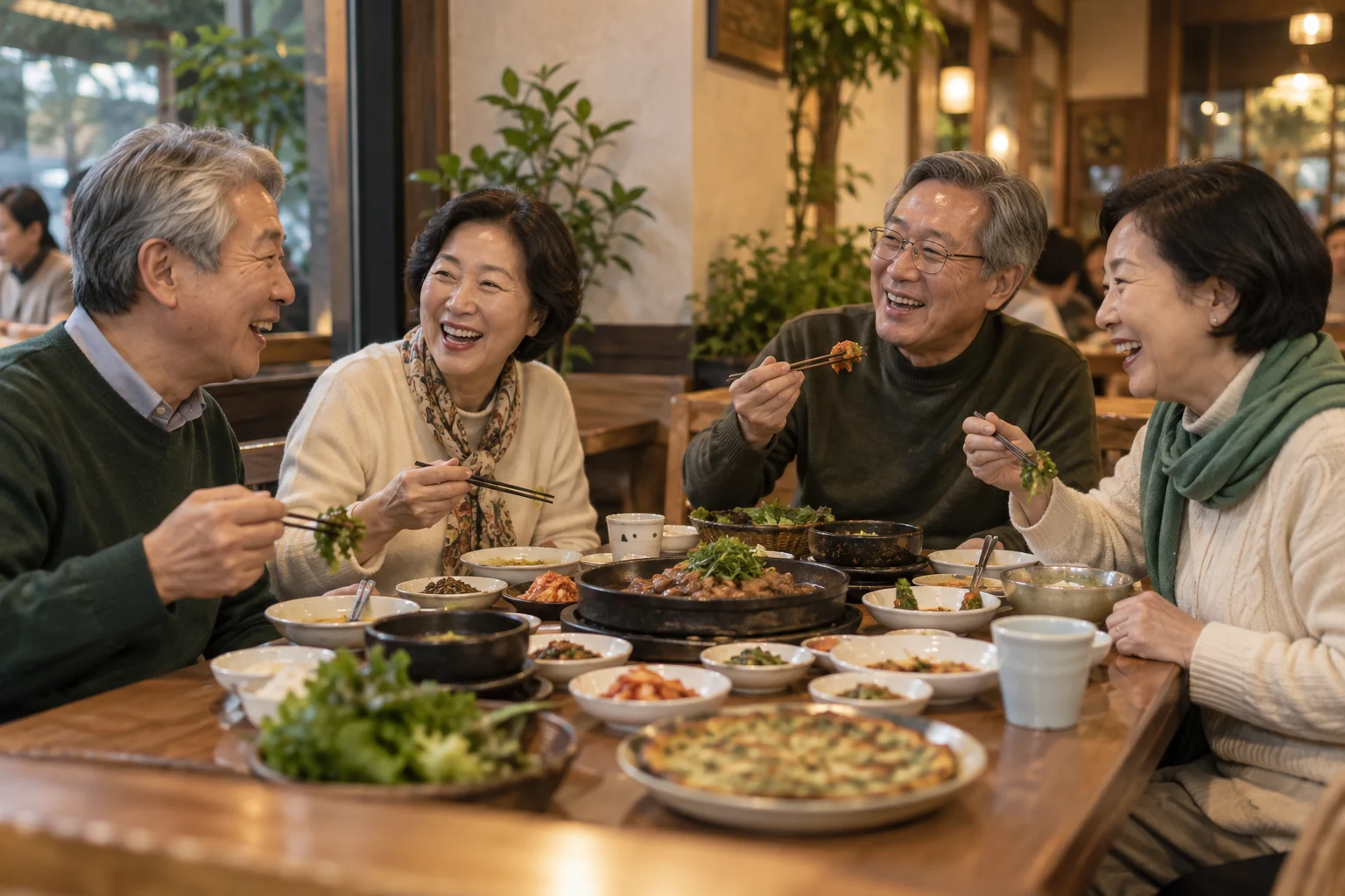 식탁에 둘러앉아 식사와 이야기를 나누는 시니어 친구들